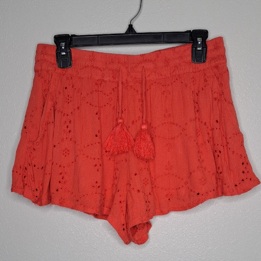 Free People Women's Orange Eyelet Shorts Flowy Tie Tassel Waist Pockets Boho M